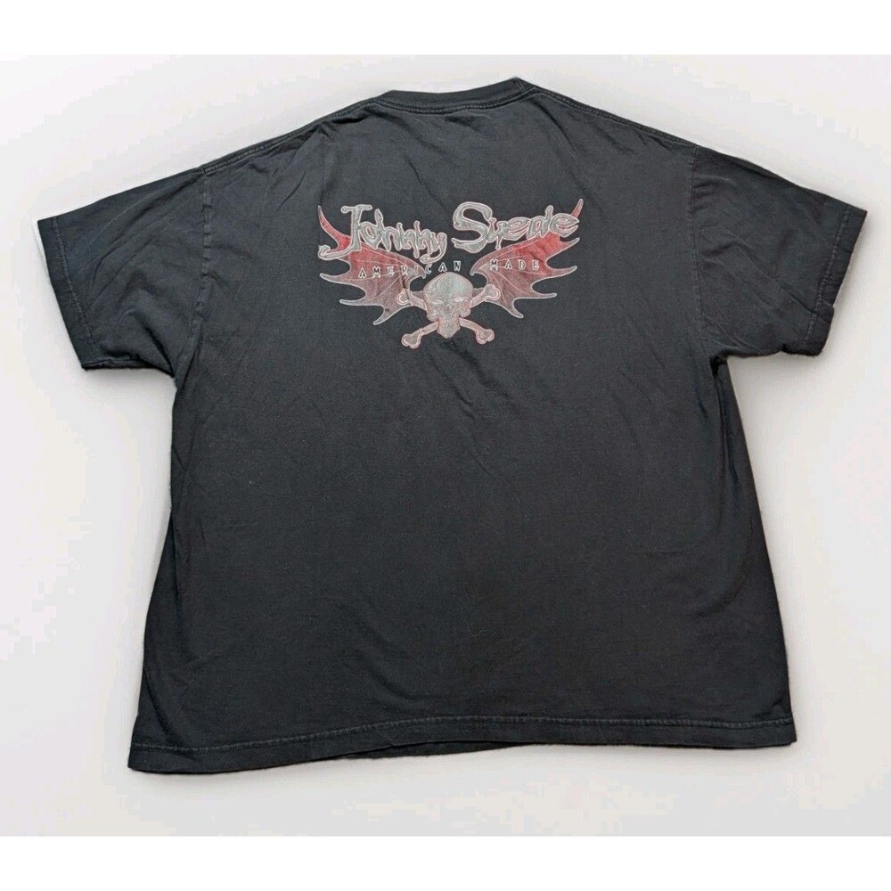 Vintage Johnny Suede American Made Black Tshirt Size XXL Y2K Skull Grunge Biker